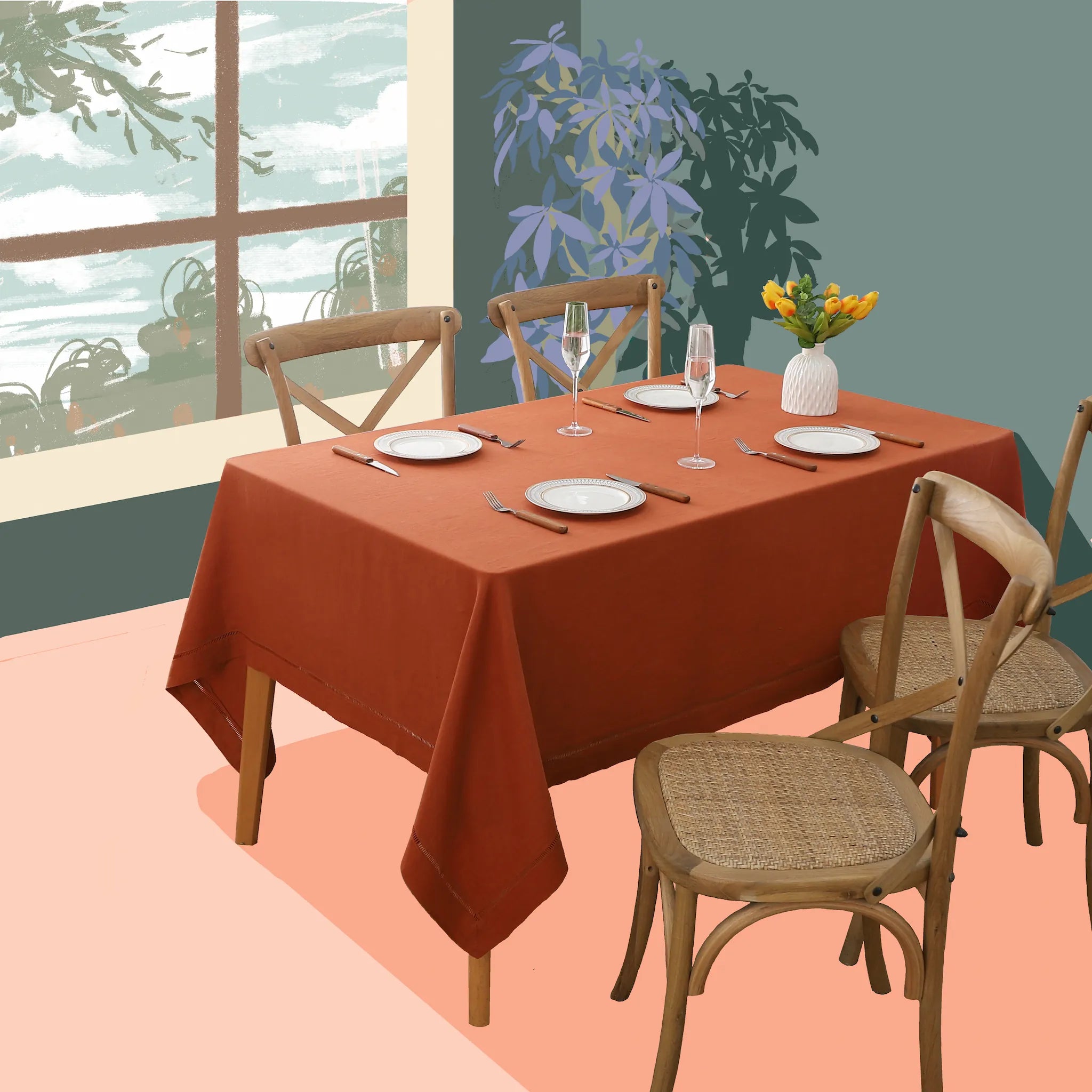 Caramel Linen Tablecloth with Hemstitch - Linen Time