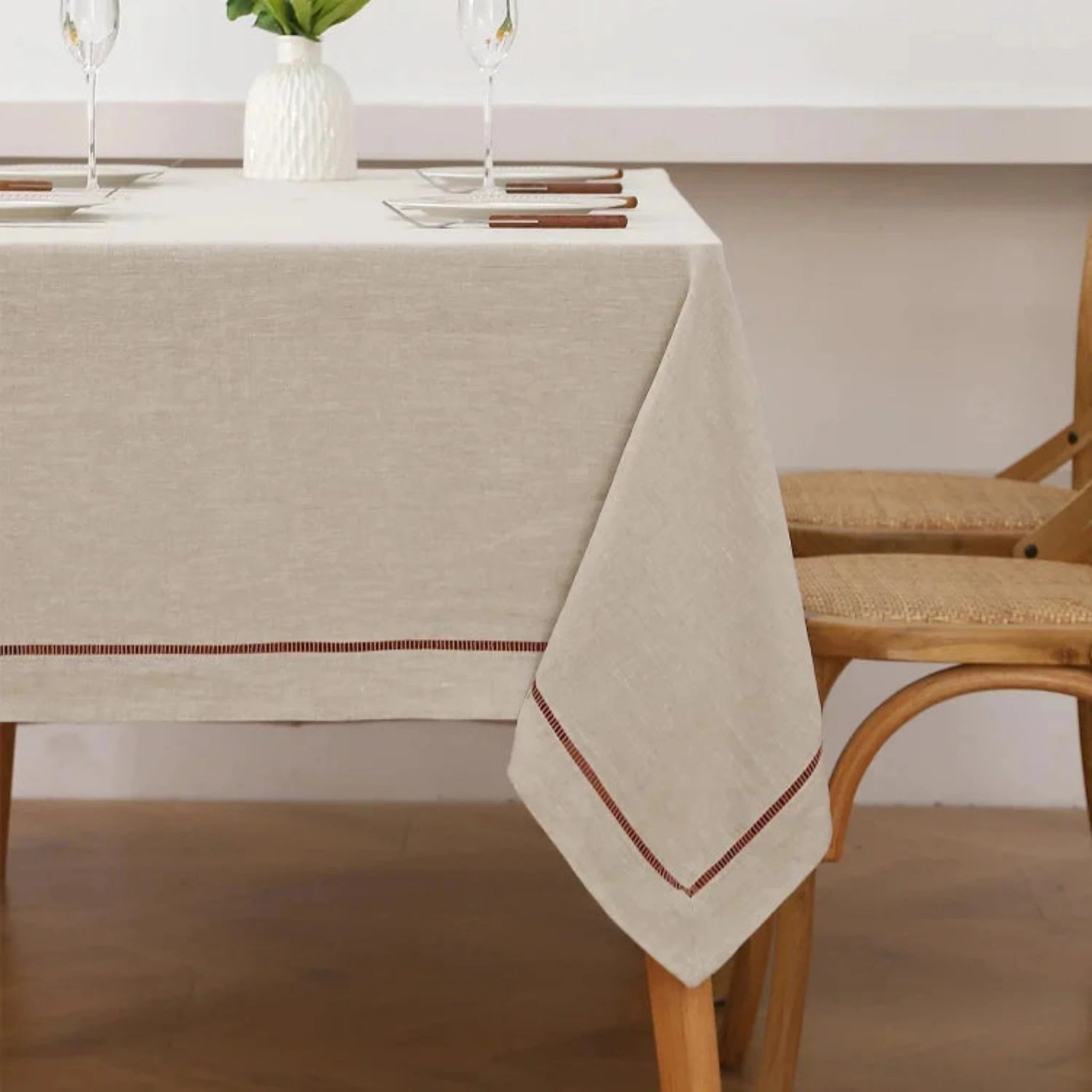 Natural-Macchiato Linen Tablecloth with Hemstitch - Linen Time