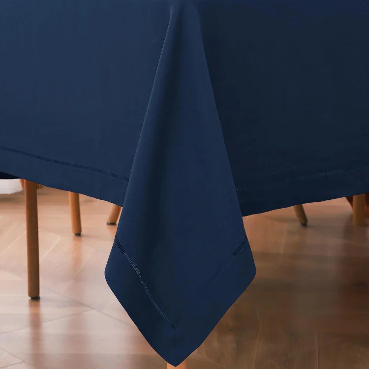 Navy Blue Linen Tablecloth with Hemstitch