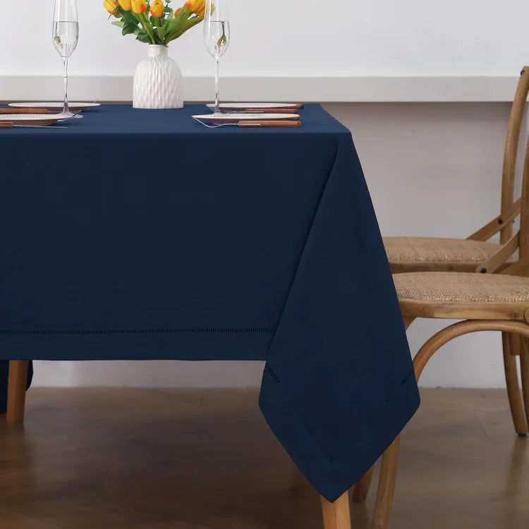 Navy Blue Linen Tablecloth with Hemstitch