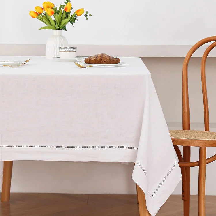 White Linen Tablecloth with Hemstitch - Linen Time